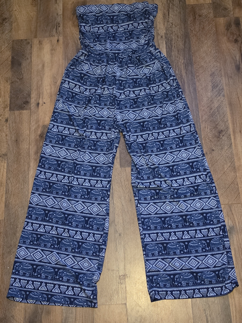 SPLASH Blue White Elephant Print Strapless Jumpsuit Romper Wide Leg L
